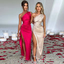 Vestido Longo De Cetim Um Ombro Só Com Fenda Bege