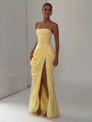 Vestido Longo Tomara Que Caia Com Fenda Drapeado Amarelo