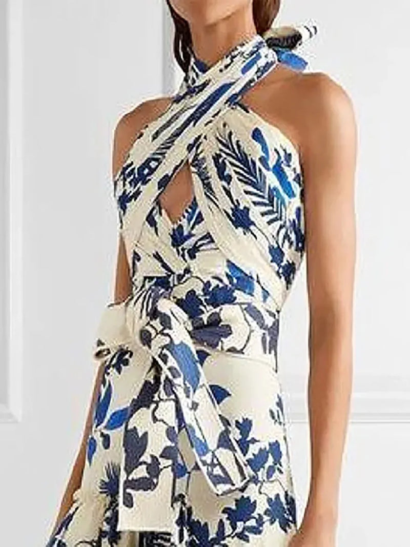Vestido Longo Estampado Com Babados E Amarração No Pescoço