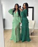 Vestido Longo Manga Longa Gola V Com Babados Rosa