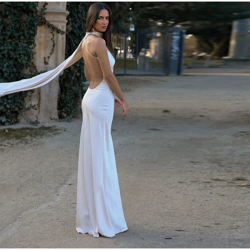 Vestido Longo Cetim Um Ombro Só Com Amarração No Pescoço Amarelo