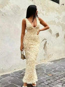 Vestido Longo Com Fenda Flores 3D Off White