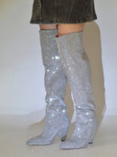 Bota Bico Fino Cano Alto 9cm Com Strass Preto