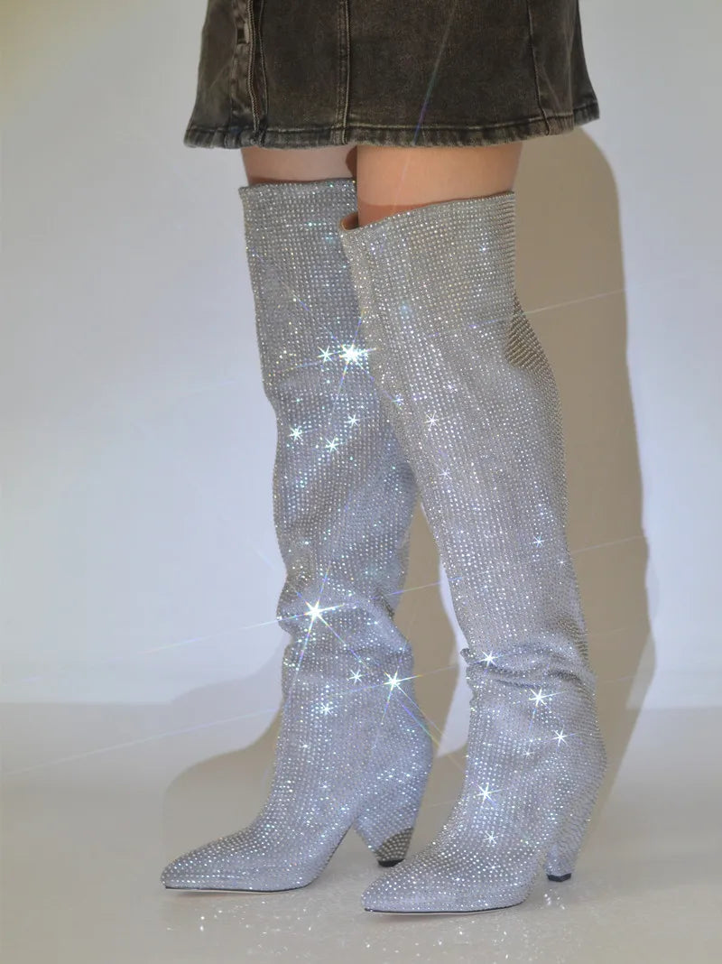 Bota Bico Fino Cano Alto 9cm Com Strass Verde