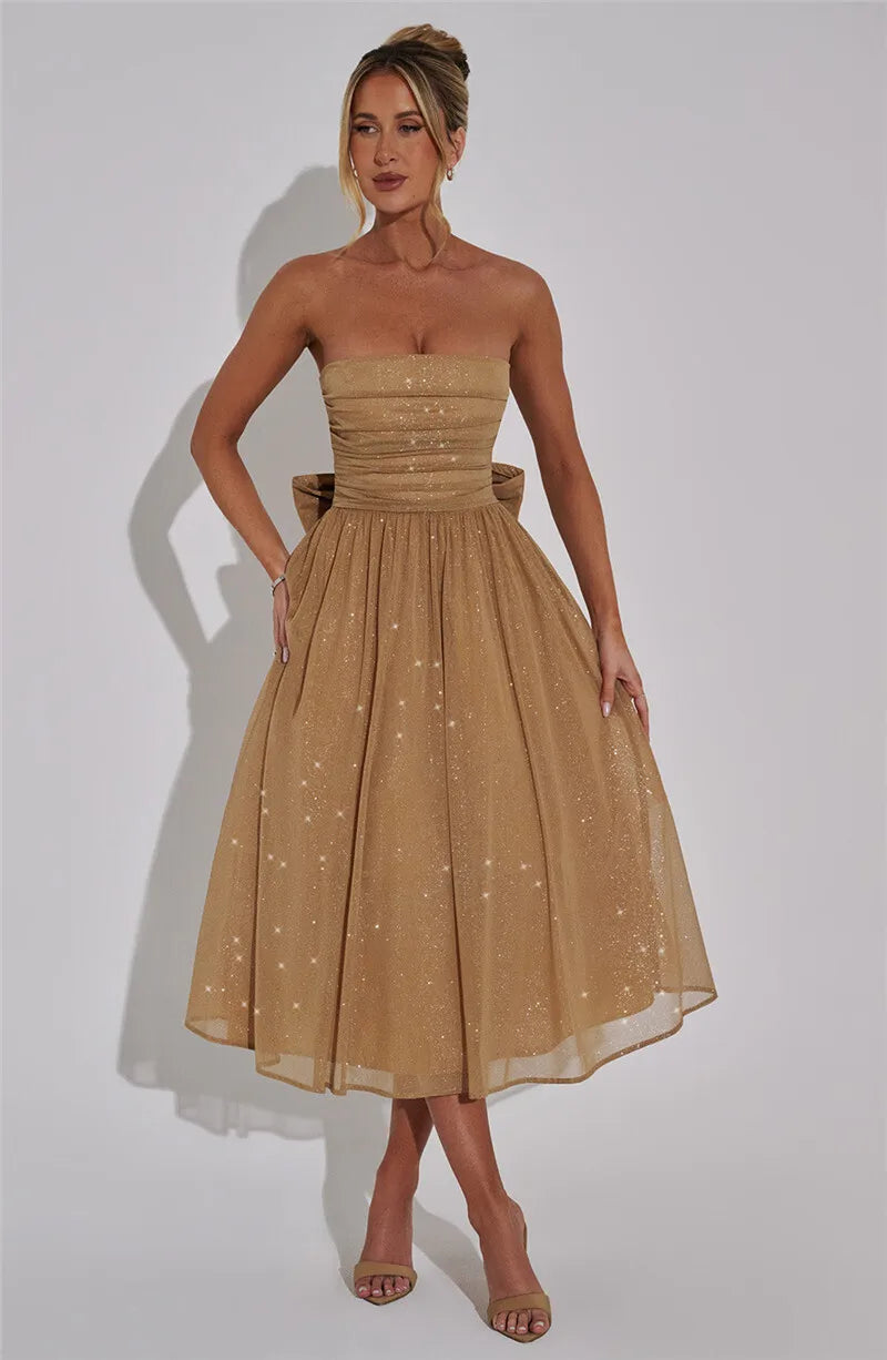 Vestido Midi Rodado Tomara Que Caia Em Lurex Brilhoso Bege