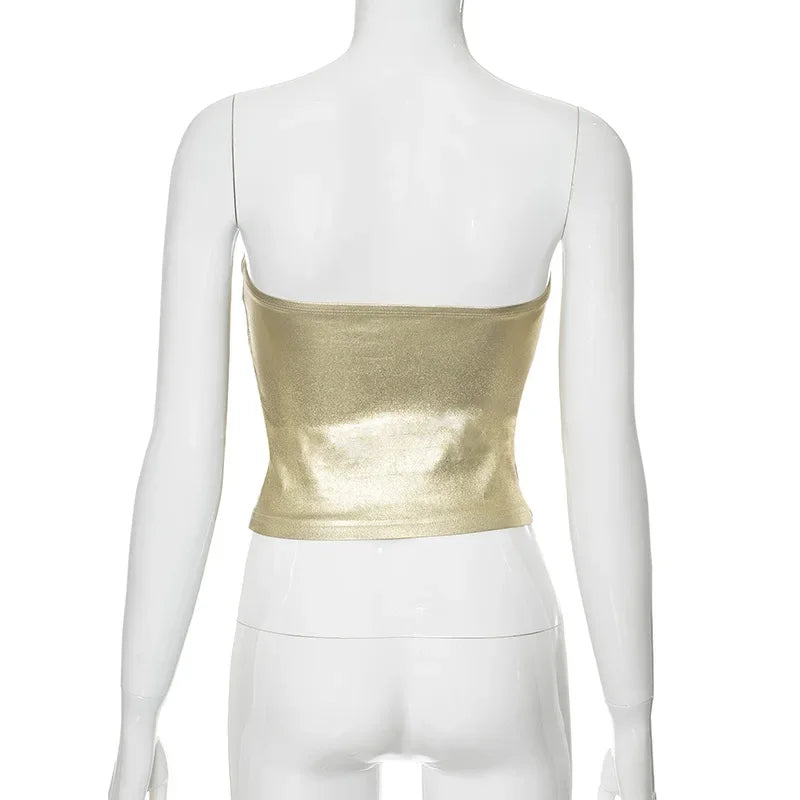 Blusa Curta Tomara Que Caia Metalizada Dourado