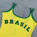 Vestido Curto Com Alça Fina Amarelo Estampa Brasil