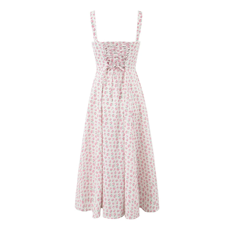 Vestido Midi Alça Fina Decote Coração Estampa Floral