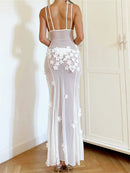 Vestido Longo Translucido Flores 3D