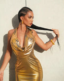 Vestido Longo Metalizado Gola V Dourado