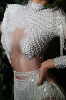 Macaquinho De Tule Manga Longa Com Pedrarias e Franjas