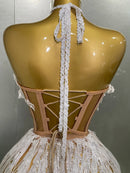 Macaquinho Em Tule Sem Manga Com Pérolas e Franjas Branco