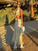 Vestido Longo De Franjas Com Recortes Assimétricos Off White