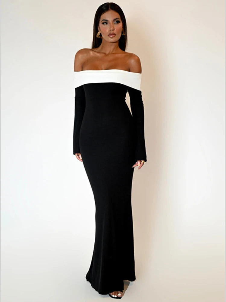 Vestido Longo Ombro a Ombro Com Manga Longa Preto