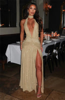 Vestido Longo Todo em Lurex Brilhoso Com Fenda Frontal Bege