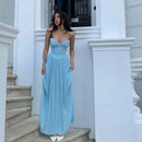 Vestido Longo Chiffon Plissado Tomara Que Caia Azul Ciano