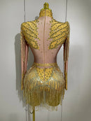 Macaquinho De Tule Manga Longa Com Pedrarias e Franjas