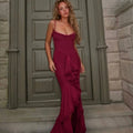Vestido Longo Assimétrico Em Tule Com Fenda Vinho