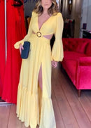 Vestido Longo Manga Longa Com Fenda em Musseline Rosa