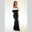 Vestido Longo Ombro a Ombro Com Manga Longa Preto