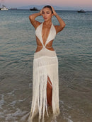 Vestido Longo De Franjas Com Recortes Assimétricos Off White