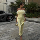 Vestido Longo Em Cetim Com Plumas Tomara Que Caia Amarelo