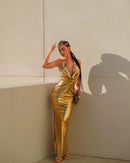 Vestido Longo Metalizado Gola V Dourado