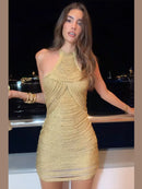 Vestido Curto De Franjas Gola Halter Com Brilho Dourado