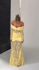 Vestido Longo Estilo Sereia Ombro a Ombro Amarelo