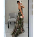 Vestido Longo Em Tule Com Alça Fina Estampa Floral Verde