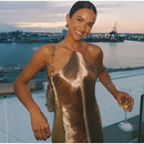 Vestido Midi De Franjas Gola Halter Dourado