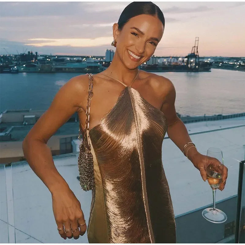 Vestido Midi De Franjas Gola Halter Dourado