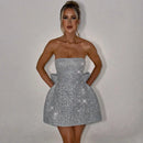 Vestido Curto Tomara Que Caia Com Brilho Cinza Escuro