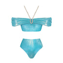 Conjunto 3 Peças Biquini e Saia Acetinado Azul Royal