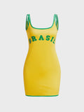 Vestido Curto Com Alça Fina Amarelo Estampa Brasil