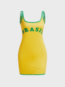 Vestido Curto Com Alça Fina Amarelo Estampa Brasil