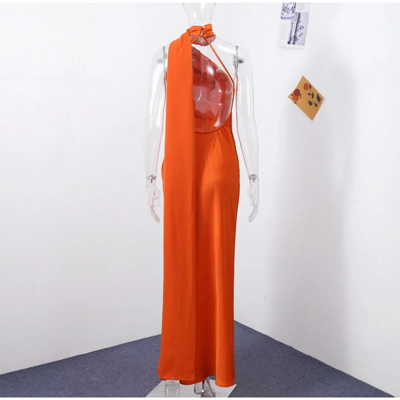 Vestido Longo Cetim Um Ombro Só Com Amarração No Pescoço Amarelo