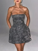 Vestido Curto Tomara Que Caia Com Brilho Cinza Escuro