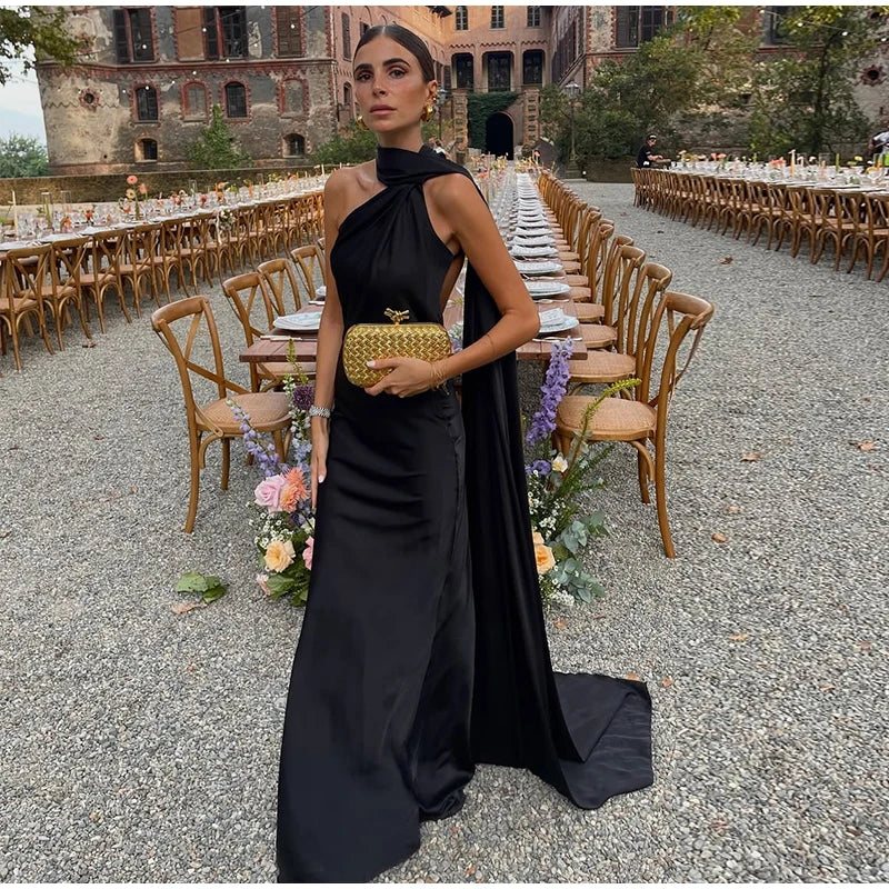 Vestido Longo Cetim Um Ombro Só Com Amarração No Pescoço Amarelo