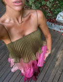 Vestido Longo Plissado Multicolorido Com Babados em Camadas