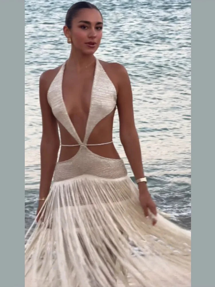 Vestido Longo De Franjas Com Recortes Assimétricos Off White