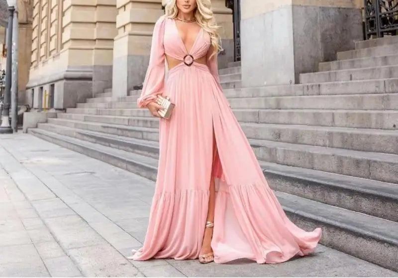 Vestido Longo Manga Longa Com Fenda em Musseline Rosa
