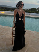 Vestido Longo De Musseline Alça Fina Flor 3D Preto