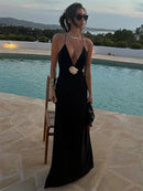 Vestido Longo De Musseline Alça Fina Flor 3D Branco