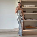 Vestido Longo De Paetês Com Alça Média Prata