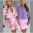Vestido Curto Manga Longa Com Babados em Crepe Branco