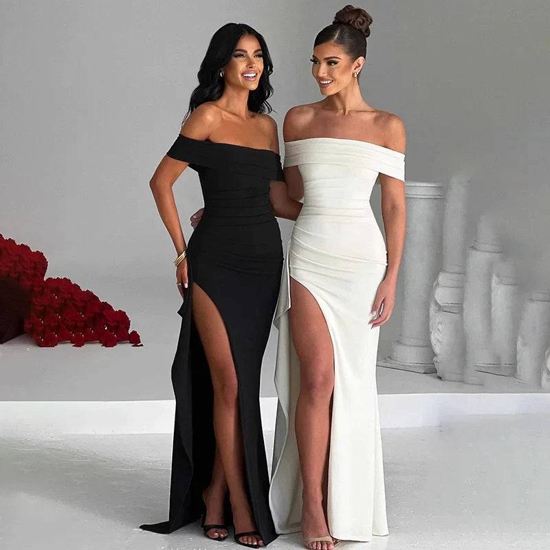Vestido Ombro A Ombro Com Fenda Preto