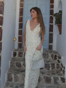 Vestido Longo Com Fenda Flores 3D Off White