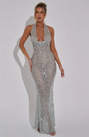 Vestido Longo Translucido Gola Solta Com Brilho Preto