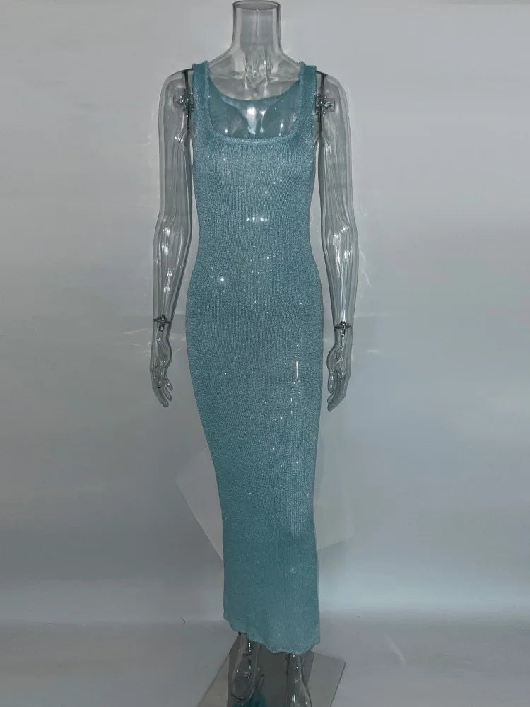Vestido Longo Alça Média Lurex Brilhoso